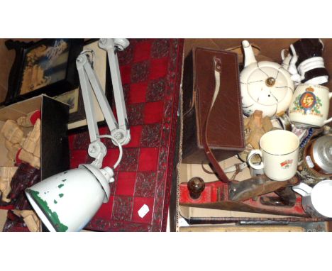 A mixed collectors lot to include ceramics, tools including a multi-meter, an angle poise lamp, a modern resin chess set with