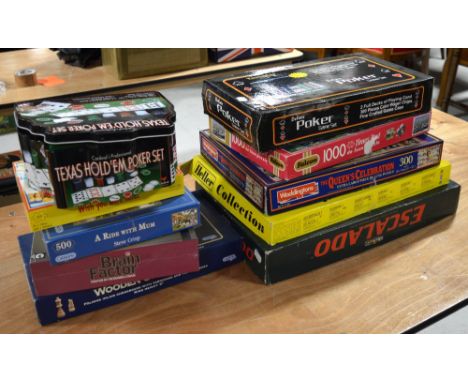 A quantity of board games, jigsaws, a chess set etc to include Escalado, Bagatelle, two poker sets etc.