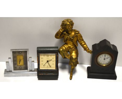 A 19th century miniature slate mantel clock, dial set with Arabic numerals, a Bravingtons of London travelling alarm clock, a