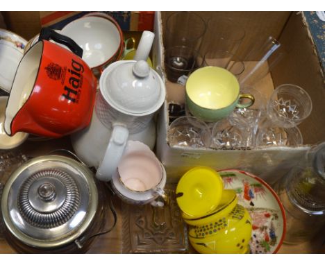 A small quantity of collectibles to include a cut glass biscuit barrel with plated lid, six boxed sherry glasses and a small 