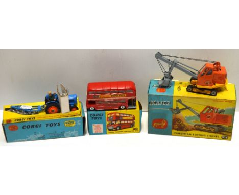 Three boxed diecast vehicles by Corgi, a London Routemaster bus model 468, Fordson Tractor with plough gift set 13 and a Prie