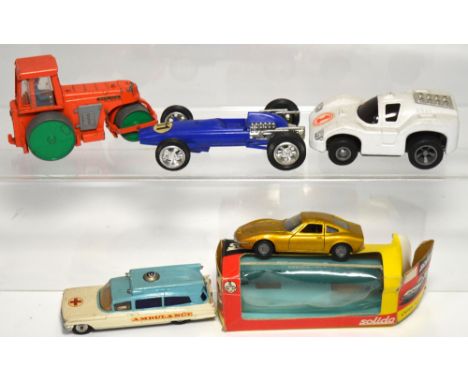 A Corgi Superior American Ambulance, a Dinky Road Roller, a boxed Opel GT by Solido and two further plastic car models (5). C