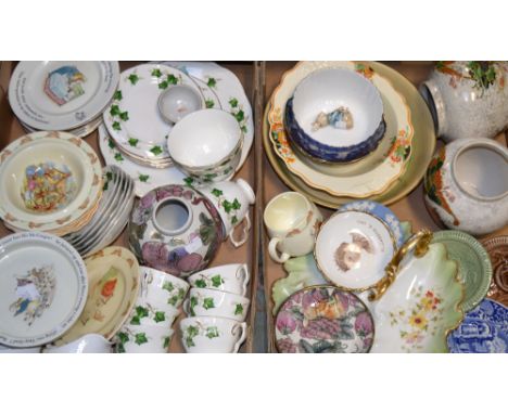 Two boxes of ceramics to include Spode, Colclough "Ivy" design, ginger jars, Wedgwood "Beatrix Potter" design, childrens teaw