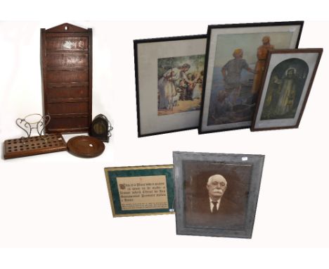 A vintage cathedral shaped bakelite speaker, a church notice board (af), a small quantity of religious pictures etc.