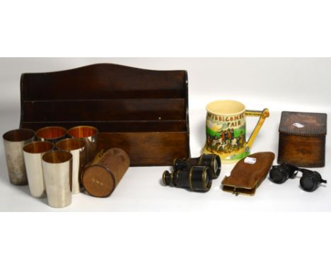 A collectors lot comprising Crown Devon Widdicombe Fair musical mug, a cased campaign set of five cups, a leather cased pair 