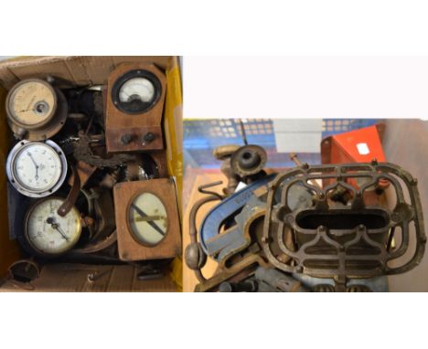 Two boxes of metalware to include vintage brace, vice, various tools, Smiths car clock and other car clocks, brass candlestic