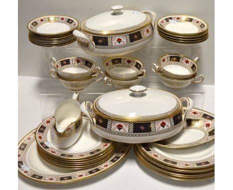A Royal Crown Derby dinner service, "Derby Border", six dinner plate, six dessert plates, six tea plates, six soup bowls and 