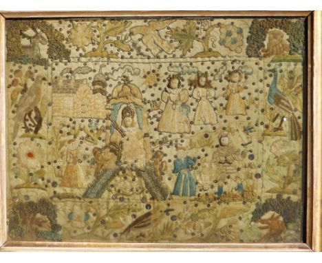 A 17thC Welsh embroidered silk panel worked by Bridget Pryce of Montgomeryshire, depicting the Judgement of Solomon, probably