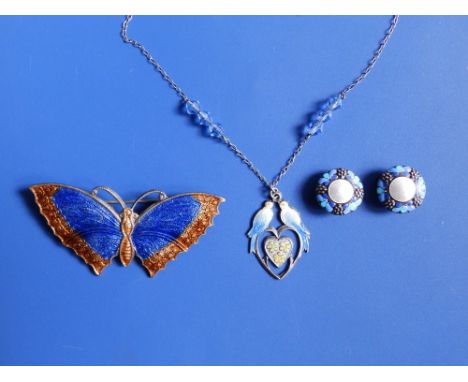 A pair of clip-on enamelled flowerhead earrings with mother-of-pearl effect centres - 'SILVER', an enamelled butterfly brooch
