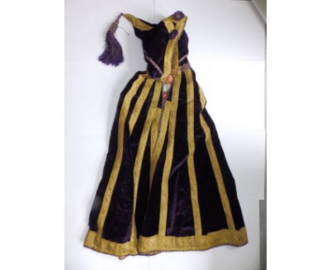 A 19thC Ottoman purple velvet cloak with bullion braid work, gilt metal clasp to hood,  34" excluding hood.