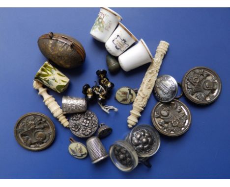 A Chester silver thimble, a Birmingham silver thimble, four other thimbes together with buttons and related items.