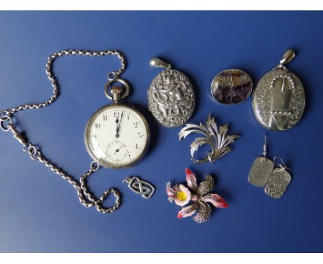 A London silver pocket watch - dial a/f, a Victorian white metal locket and a small quantity of silver jewellery.