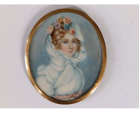 A late 19thC oval watercolour miniature -  Portrait of young lady with pale blue scarf and flowers in her hair,  3.2" high.