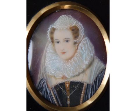 After Henry Bone - oval watercolour miniature - Portrait of Mary Stuart, signed 'H. Bone',  3" high.