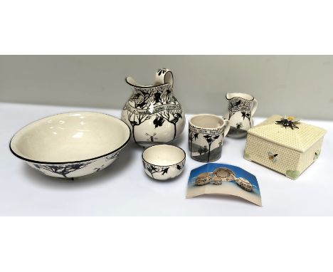 A small group of Griselda Hill china, decorated with rooks,   including a jug and basin, also a small honeycomb box (6)