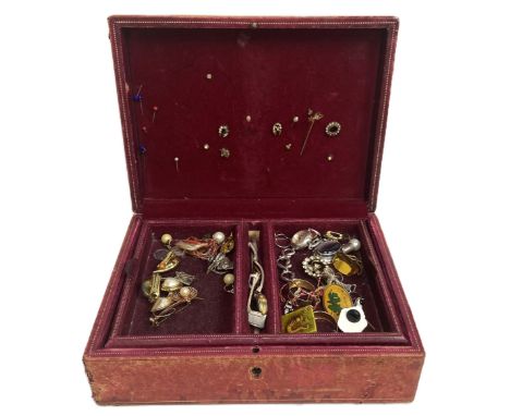 A selection of Costume Jewellery in a leather two tier jewellery box, including assorted ear rings, tie pins, brooches and no