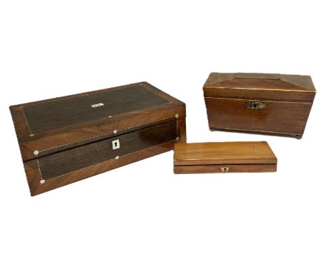 Three 19th century boxes, including a George IV sarcophagus tea caddy,  a rosewood writing slope; and another small box (3)