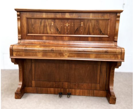 A Lestel walnut cased Upright Piano, early 20th century,   serial number 35165, with Art Nouveau style inlays, 85 black and w