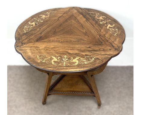 A William IV rosewood envelope occasional table, circa 1830,  with an inlaid drop triangular drop leaf top, two tier base and