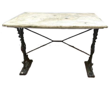 A vintage cast iron and stone topped console table,   with leaf and mask cast pier ends  Dimensions:-    Length - 95cms, Widt