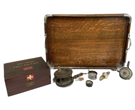 Miscellany of items, including a vintage First Aid kit; a pen rack with carved figural surmount; a pen knife etc. (a lot)
