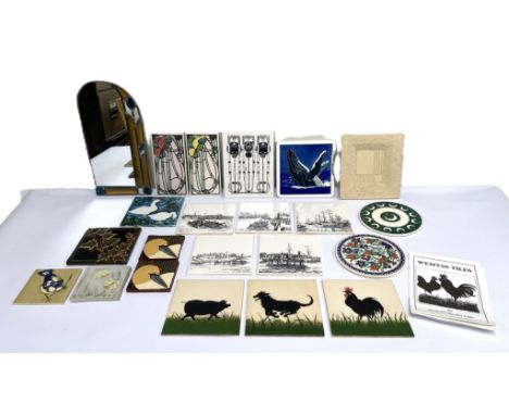 A collection of assorted decorative tiles, including Wemyss tiles of a Cockerell, Dog and Pig,  also tiles decorated in manne