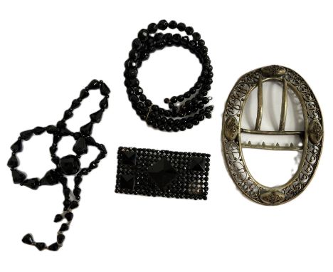 A selection of Costume Jewellery, in a wood trinket box, including a lattice buckle, beads, a Japanese porcelain mounted broo