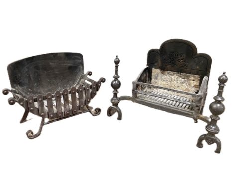 A cast iron Georgian style fire grate, with turned finial corners and decorative fire back  56cm high, 68cm wide; also anothe