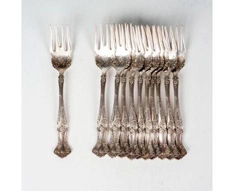Beautiful set of appetizer or dessert forks with Grape pattern on the handle and the face of the fork. Stamped on back XS tri