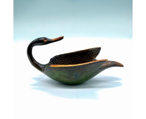 Bronze swan dish designed by Maurice Ascalon (Israeli, 1913-2003). The outside is marbled green and the inside is bronze with