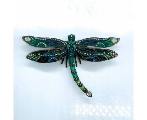 Stunning blue and green tone enamel dragonfly with rhinestone accents. Jay Strongwater stamp on the underside. Dimensions: 3"