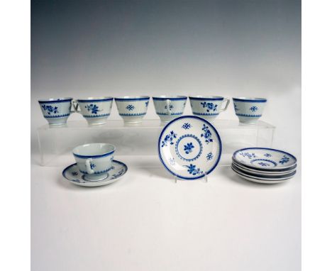 Collection of 7 London shape oversized cup and 7 saucer sets featuring the Gloucester pattern, showcasing a blue floral motif