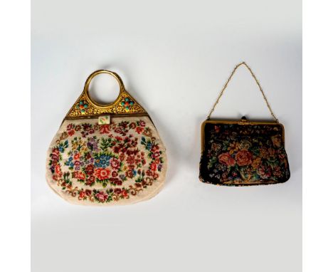 Needle point decorated bags featuring colorful flowers; one with delicate metal chain strap, pointed kiss lock closure, and m
