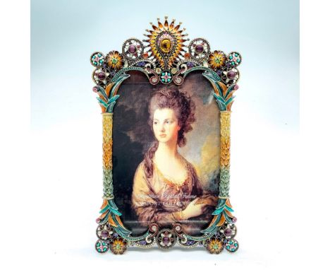 Gorgeous colorful enamel and crystal picture frame measuring 8"L x 5"W. It can hold a picture that is 6"L x 4"W. Condition: A