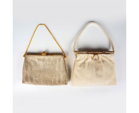 Includes a white handmade beaded purses with gold-tone enamel accents and a grey micro beaded purse with gold-tone hardware. 