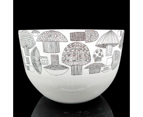 White enamel with delicately drawn mushroom design. Finel backstamp. Issued: 20th centuryDimensions: 5.5"H x 8.25"dia.Manufac