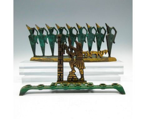 Includes verdigris and brass 8 candelabra, modernist style and candelabra designed with Maccabee soldier lighting the flame o