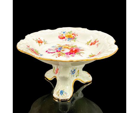 White pedestal dish with colorful floral motif and gilt rim. Hammersley &amp; Co. backstamp. Dimensions: 6.25"L x 6.25"W x 3.