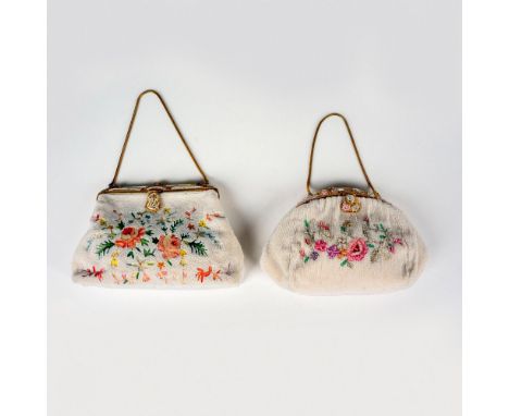 Lovely handmade bags decorated with flower patterns, gold-tone frame and clasps; one with enamel detailing. Made In France fa