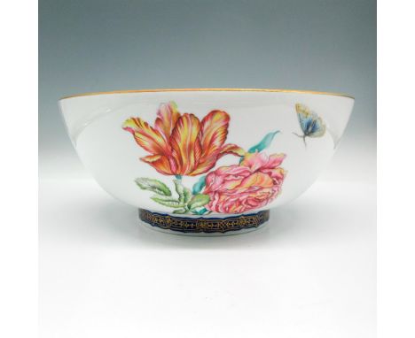 Beautifully hand painted, colorful bowl with Iris, butterfly and vine design. Gilt edge. Mildred R. Mottahedeh backstamp. Sig