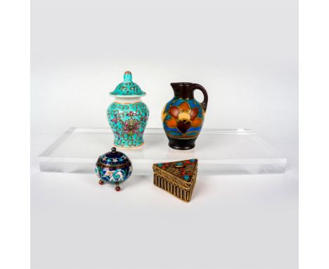 Includes a Famille Rose blue mini ginger jar with lid, a Gouda Pottery mini jar a Mughm silver enamel mini lidded box, and a 