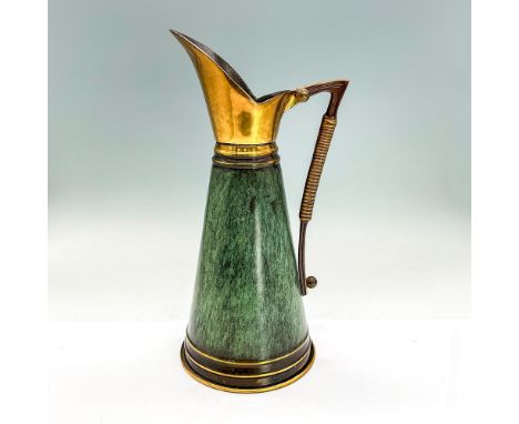 Tall pitcher with enamel green marble-like pattern, stylized handle. Dayagi Made In Israel stamp. The Dayagi brothers were fa