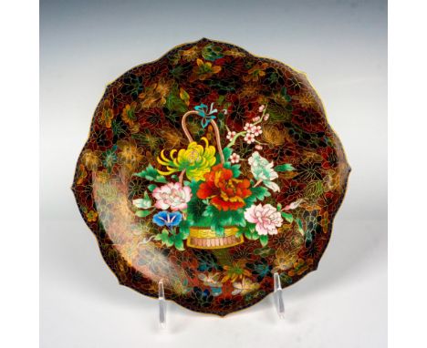 A brass plate in the shape of a flower, decorated with enamel floral patterns and gilded outline. blue enamel bottom. Dimensi