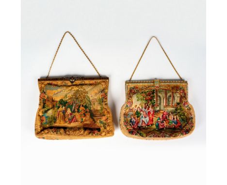 Fine quality, handmade petit point tapestry bags of rectangular form, depicting French Rococo scenes with a group of people i
