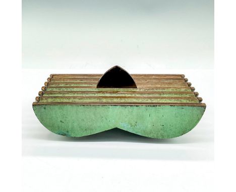 Unusual thick green and bronze painted lidded box previously used for cigarettes with a small removable ashtray inside. Pal B