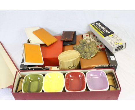 Collection of boxed vintage items to include; wallets, unused Colibri Lighter, garden shears, Denby nut dish set etc