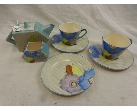 Art Deco Royal Bourbon hand painted part tea service comprising teapot, sugar bowl, two teacups and saucers and one side plat