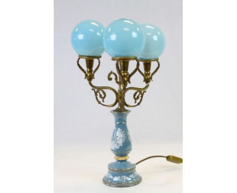 Ornate Italian Ceramic & Brass three branch electric Lamp with Blue Glass ball shades