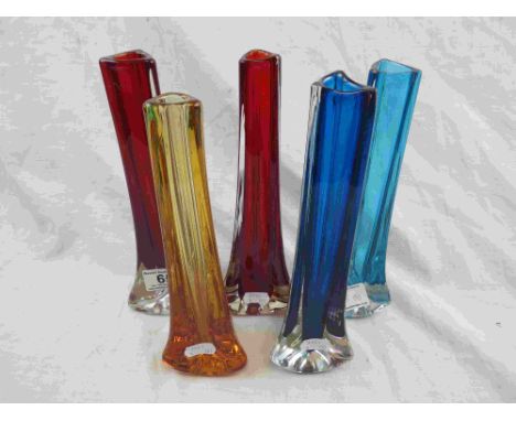 Five Whitefriars Tricorn vases, in ruby red, royal blue, kingfisher blue and golden amber, 9570, heights approximately 23cm-2