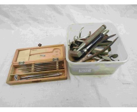 Various Medical Tools including a Wooden Boxed Set of Five Scalpels, Solingen Surgeons Hammer, Dentist Tools, etc plus an AA 